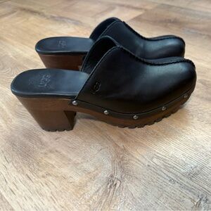 UGG Black Leather Mules with Brown Wooden Heel